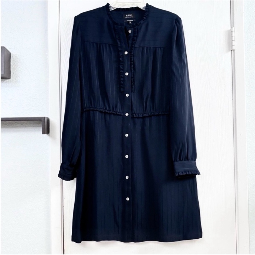 A.P.C. Hoshi Navy Button-Front Long Sleeve Mini Dress Size 42